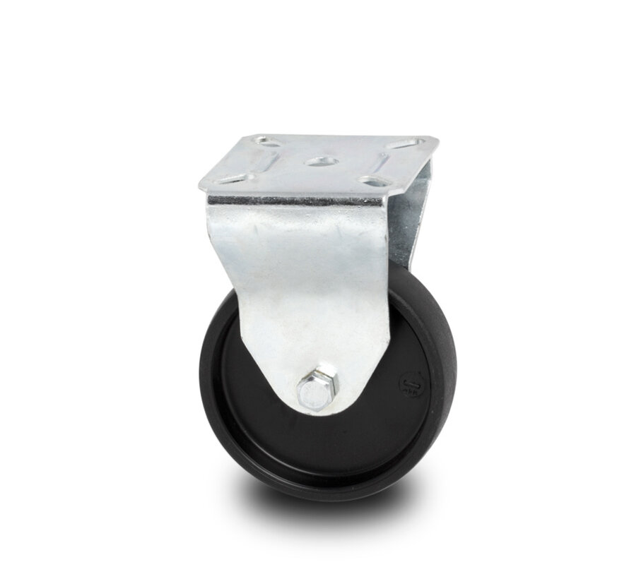 Institutional Fixed caster from pressed steel, plate fitting, Polypropylene Wheel, plain bearing, Wheel-Ø 50mm, 40KG