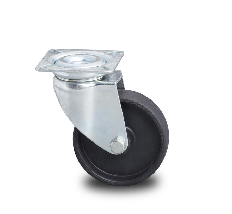 Institutional Swivel caster from pressed steel, plate fitting, Polypropylene Wheel, plain bearing, Wheel-Ø 50mm, 40KG