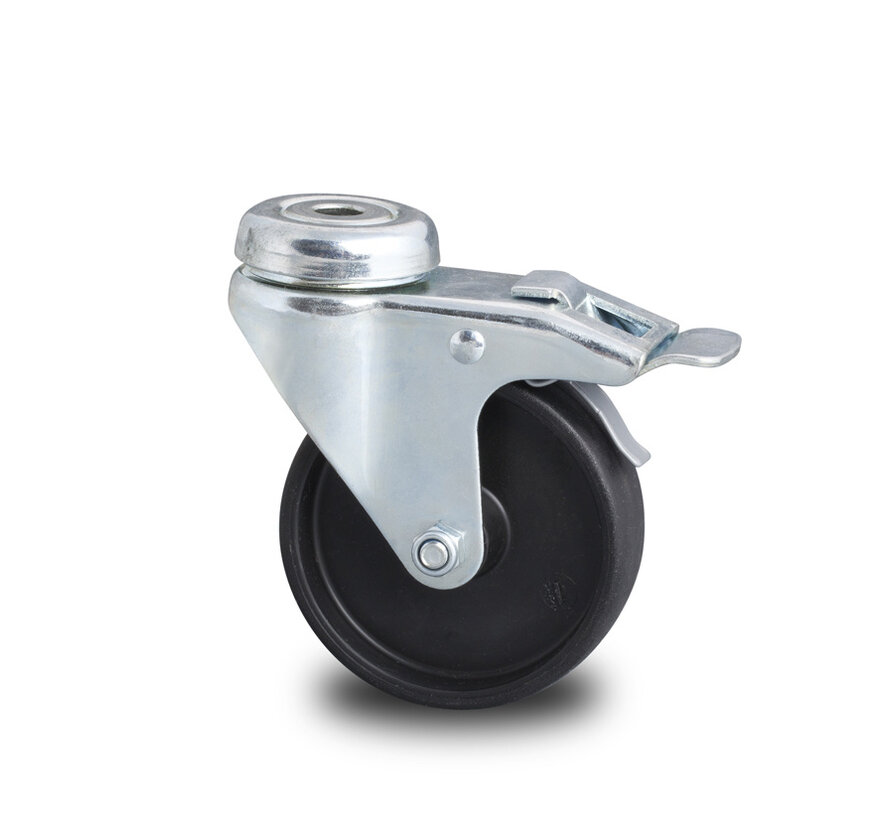 Institutional Swivel caster with brake from pressed steel, bolt hole, Polypropylene Wheel, plain bearing, Wheel-Ø 75mm, 60KG