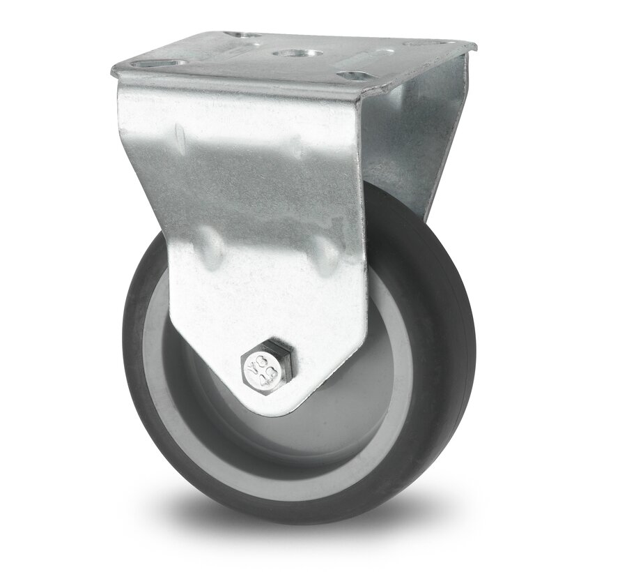 Institutional Fixed caster from pressed steel, plate fitting, thermoplastic rubber grey non-marking, plain bearing, Wheel-Ø 50mm, 50KG