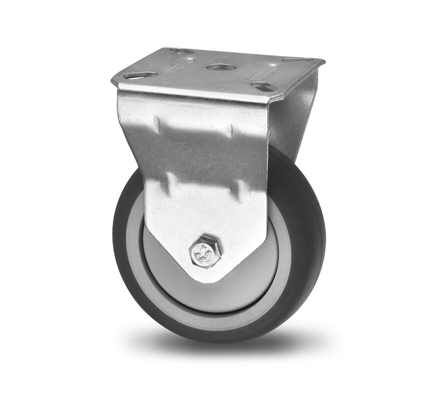 Institutional Fixed caster from pressed steel, plate fitting, thermoplastic rubber grey non-marking, precision ball bearing, Wheel-Ø 50mm, 50KG