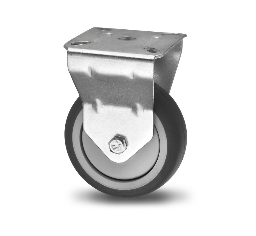 Institutional Fixed caster from pressed steel, plate fitting, thermoplastic rubber grey non-marking, precision ball bearing, Wheel-Ø 100mm, 80KG