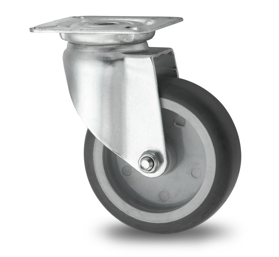 Institutional Swivel caster from pressed steel, plate fitting, thermoplastic rubber grey non-marking, plain bearing, Wheel-Ø 50mm, 50KG