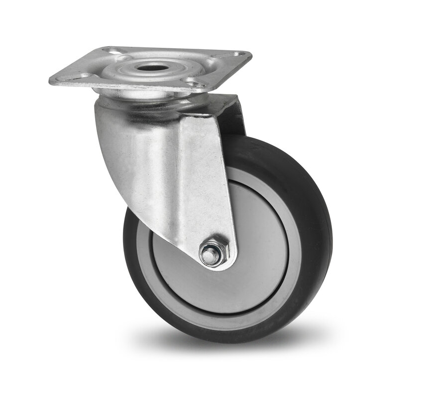 Institutional Swivel caster from pressed steel, plate fitting, thermoplastic rubber grey non-marking, precision ball bearing, Wheel-Ø 50mm, 50KG