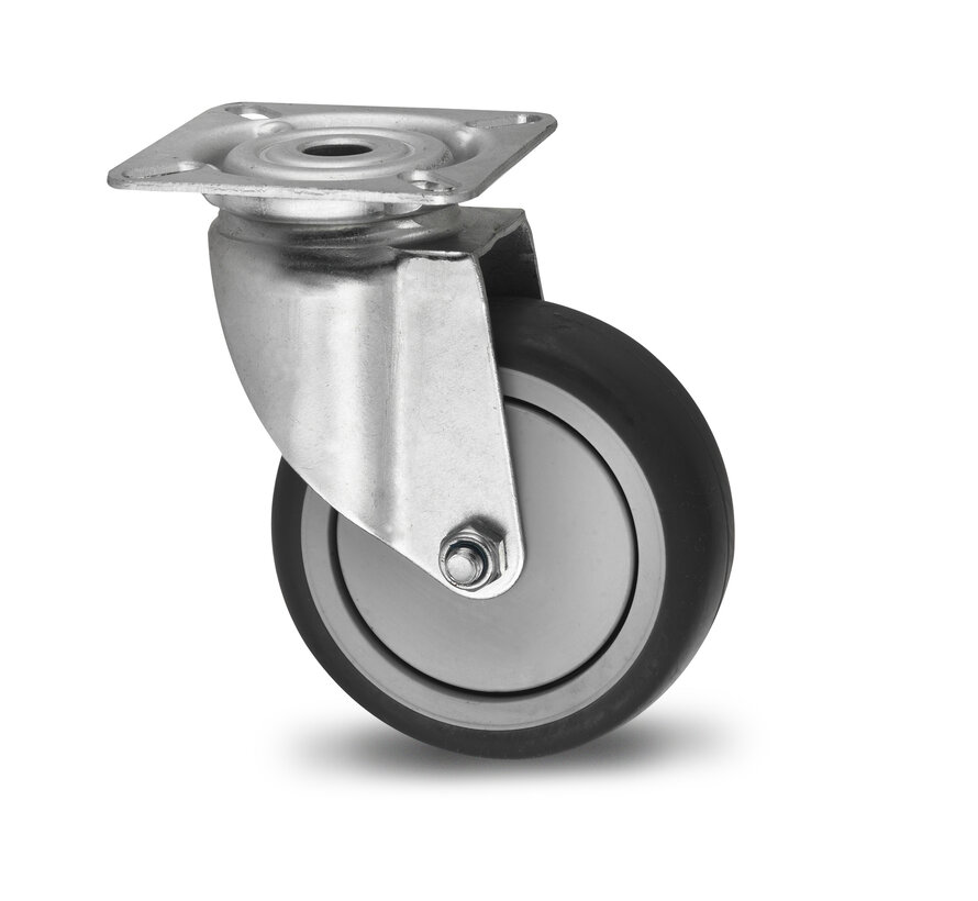 Institutional Swivel caster from pressed steel, plate fitting, thermoplastic rubber grey non-marking, precision ball bearing, Wheel-Ø 75mm, 75KG
