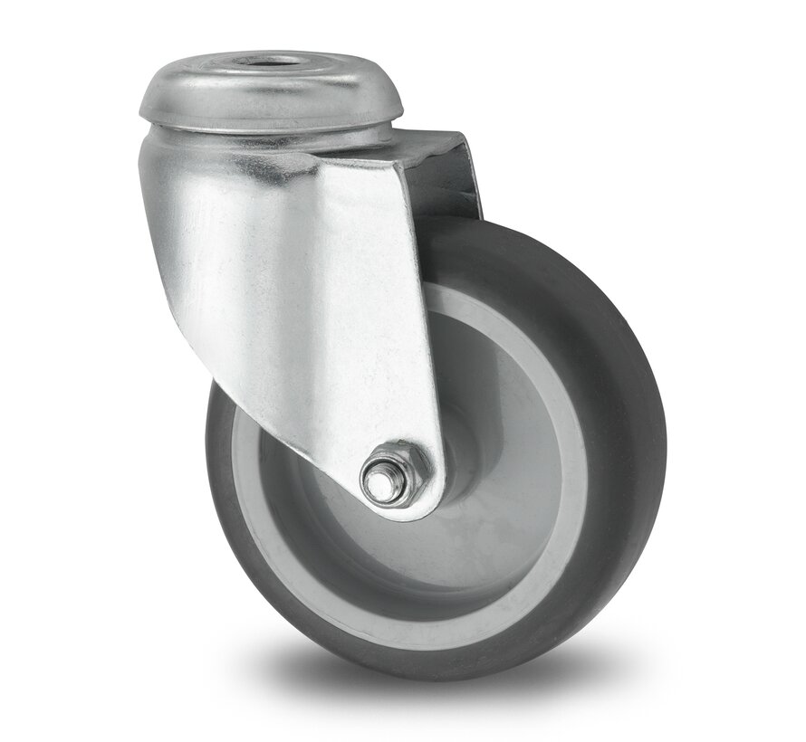 Institutional Swivel caster from pressed steel, bolt hole, thermoplastic rubber grey non-marking, plain bearing, Wheel-Ø 50mm, 50KG