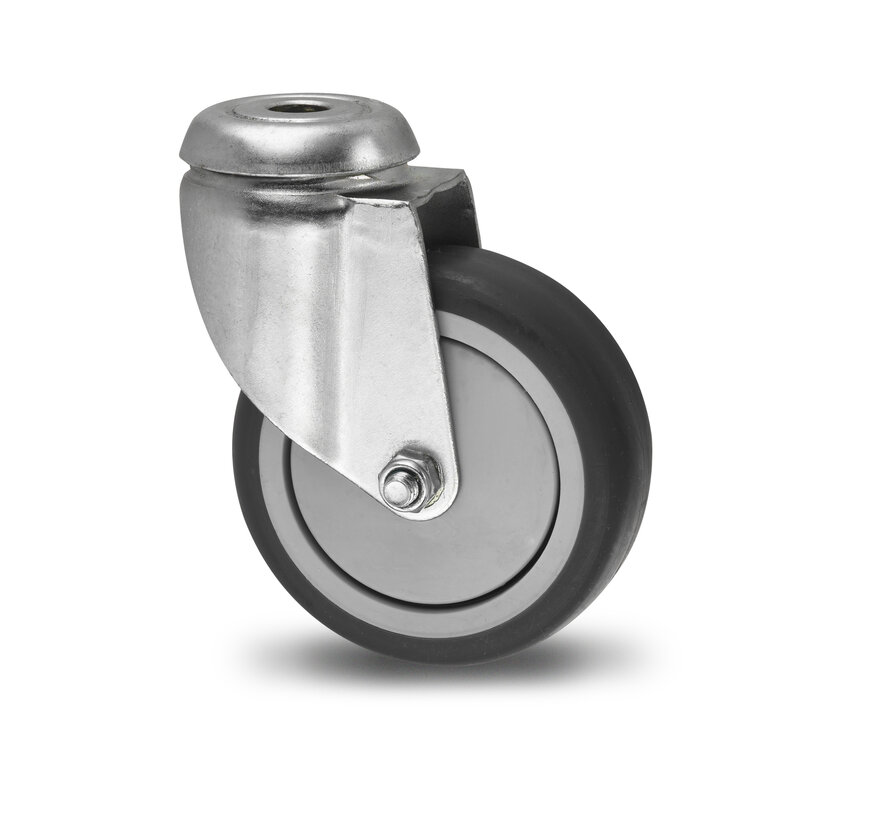 Institutional Swivel caster from pressed steel, bolt hole, thermoplastic rubber grey non-marking, precision ball bearing, Wheel-Ø 75mm, 75KG