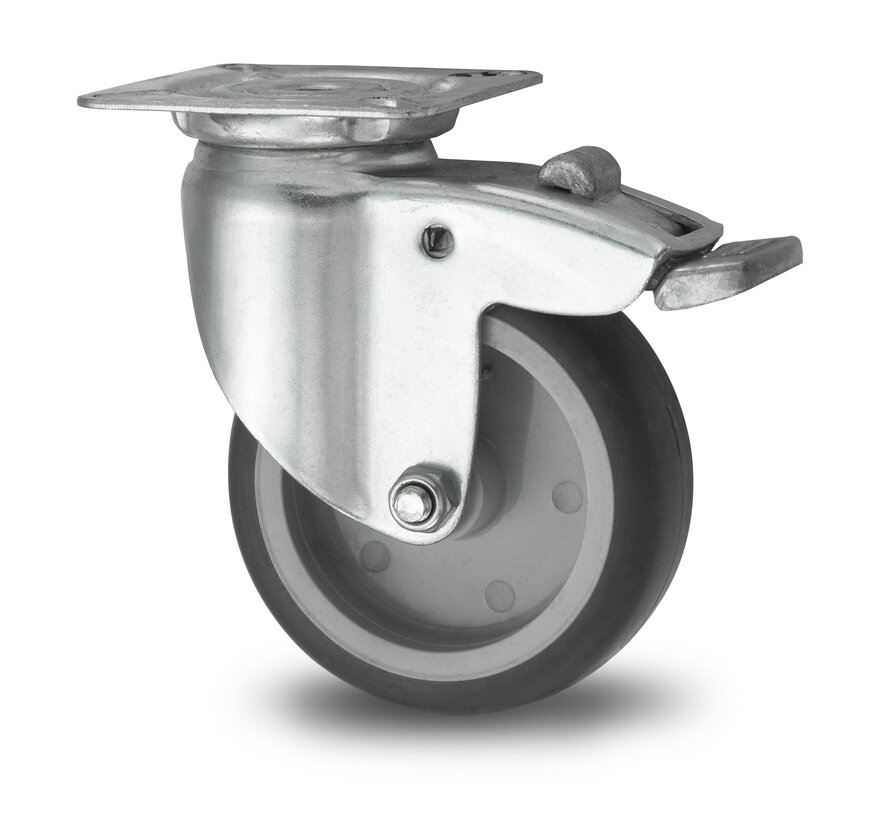 Institutional Swivel caster with brake from pressed steel, plate fitting, thermoplastic rubber grey non-marking, plain bearing, Wheel-Ø 50mm, 50KG