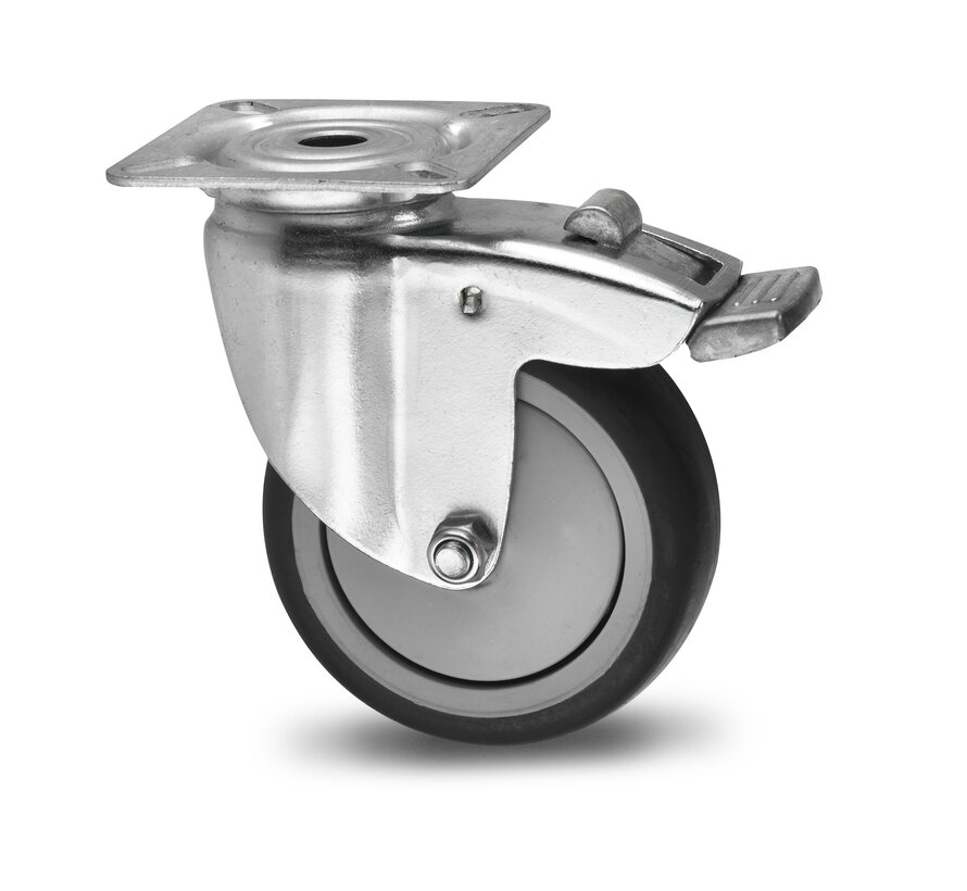 Institutional Swivel caster with brake from pressed steel, plate fitting, thermoplastic rubber grey non-marking, precision ball bearing, Wheel-Ø 50mm, 50KG