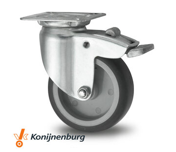 Swivel caster with brake, Ø 100mm, thermoplastic rubber grey non-marking, 80KG