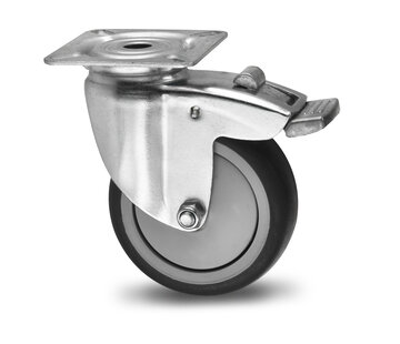 Swivel caster with brake, Ø 100mm, thermoplastic rubber grey non-marking, 80KG