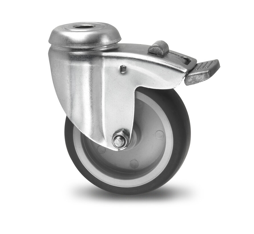 Institutional Swivel caster with brake from pressed steel, bolt hole, thermoplastic rubber grey non-marking, plain bearing, Wheel-Ø 50mm, 50KG