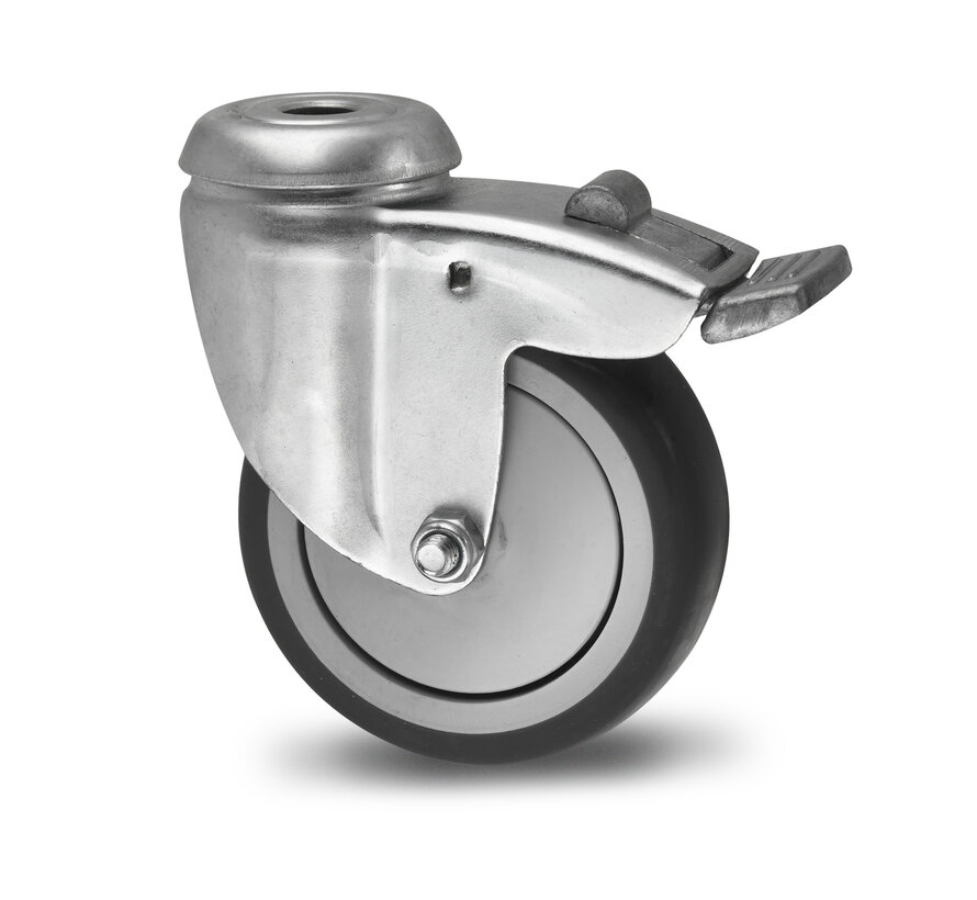 Institutional Swivel caster with brake from pressed steel, bolt hole, thermoplastic rubber grey non-marking, precision ball bearing, Wheel-Ø 50mm, 50KG