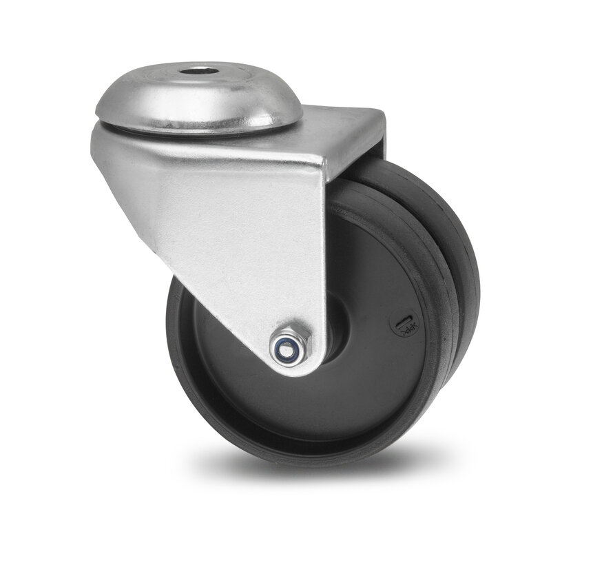 Institutional Swivel caster from pressed steel, bolt hole, Polypropylene Wheel, plain bearing, Wheel-Ø 50mm, 80KG