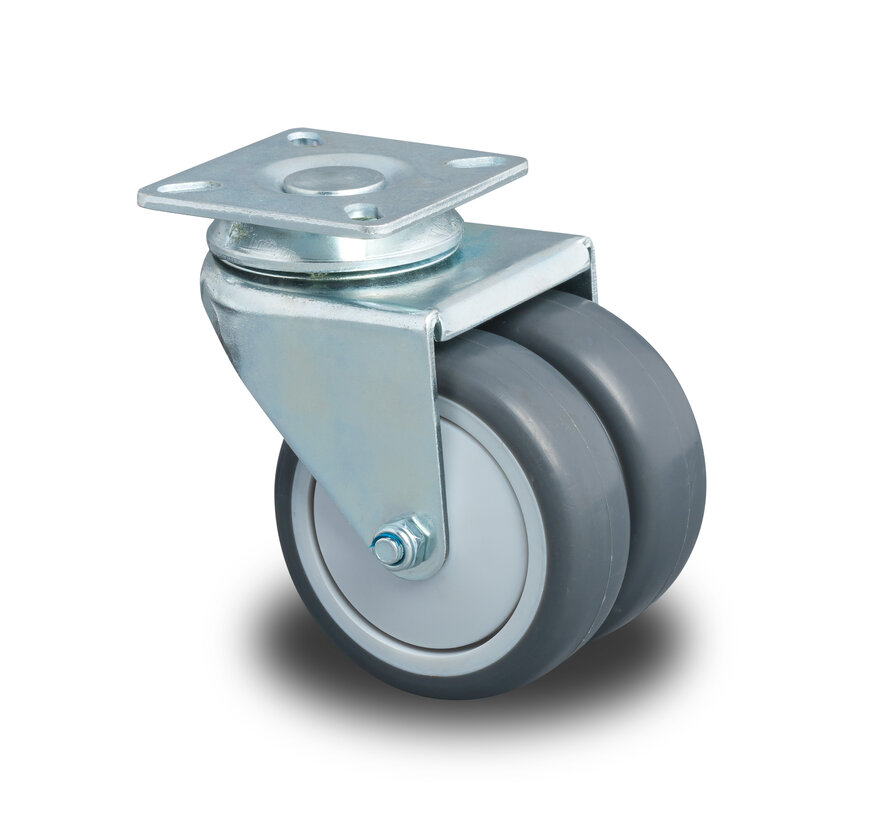 Institutional Swivel Castor, Ø50x19mm Thermoplastic Rubber (TPR) Dual Wheels, Plain Bearing, Pressed Steel Housing, Plate Fitting – 80kg Load Capacity