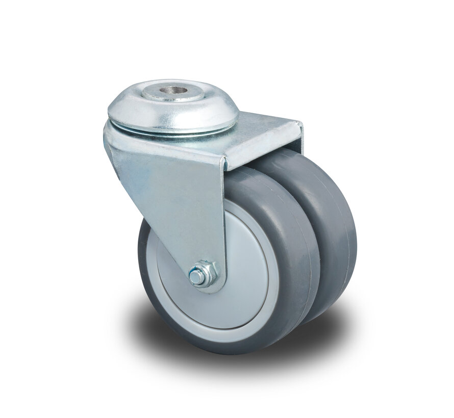 Institutional Swivel Castor, Ø75x24mm Grey Thermoplastic Rubber (TPR), Dual Polypropylene Wheels, Plain Bearing, Pressed Steel Housing, Bolt Hole Mounting – 100kg Load Capacity
