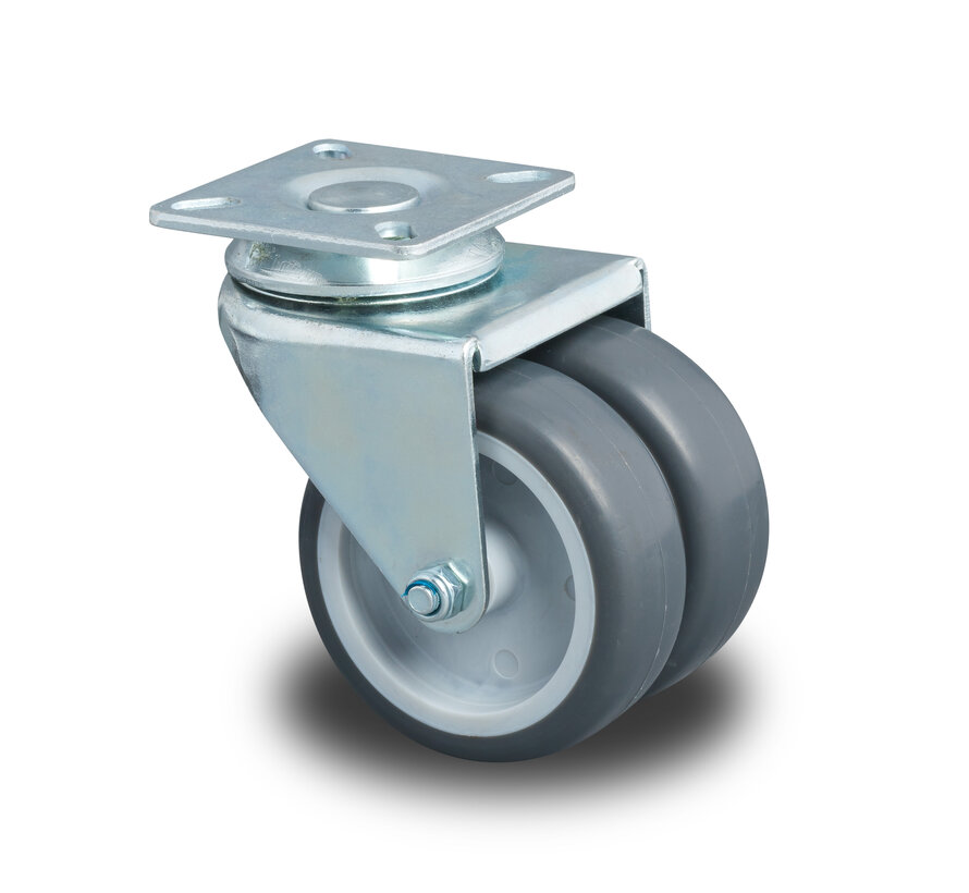 Institutional Swivel Castor, Ø50x19mm Grey Thermoplastic Rubber (TPR), Dual Polypropylene Wheels, Plain Bearing, Pressed Steel Housing, Plate Fitting – 80kg Load Capacity