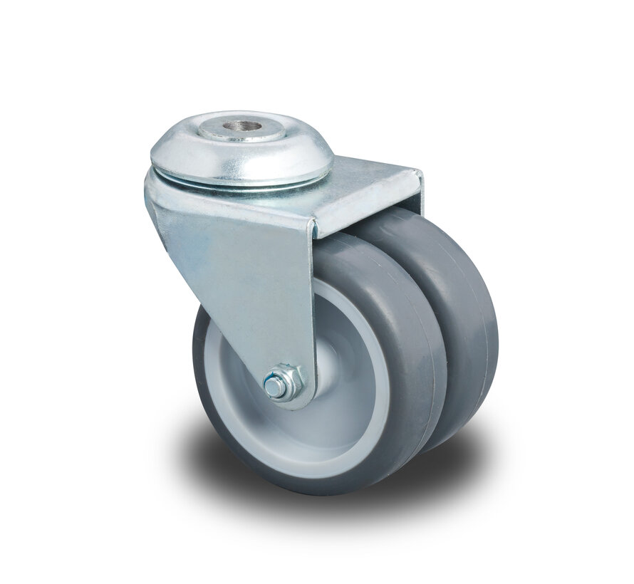 Institutioneel zwenkwiel, Ø50x19 mm grijs thermoplastisch rubber (TPR), dubbele polypropyleen wielen, glijlager, geperste stalen behuizing, boutgatmontage - draagvermogen 80 kg