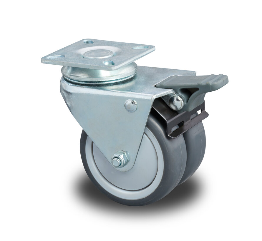 Institutional Swivel Castor with Brake, Ø75x24mm Grey Thermoplastic Rubber (TPR), Dual Polypropylene Wheels, Plain Bearing, Pressed Steel Housing with Total Lock – 100kg Load Capacity