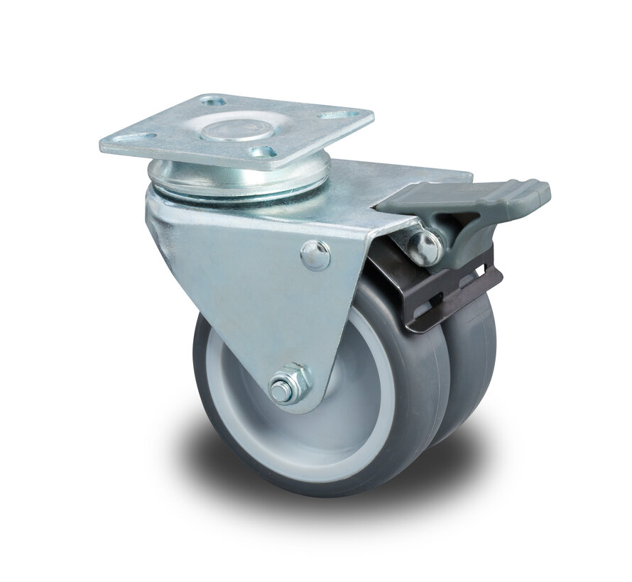 Institutional Swivel Castor with Brake, Ø75x24mm Grey Thermoplastic Rubber (TPR), Dual Polypropylene Wheels, Plain Bearing, Pressed Steel Housing with Total Lock – 100kg Load Capacity