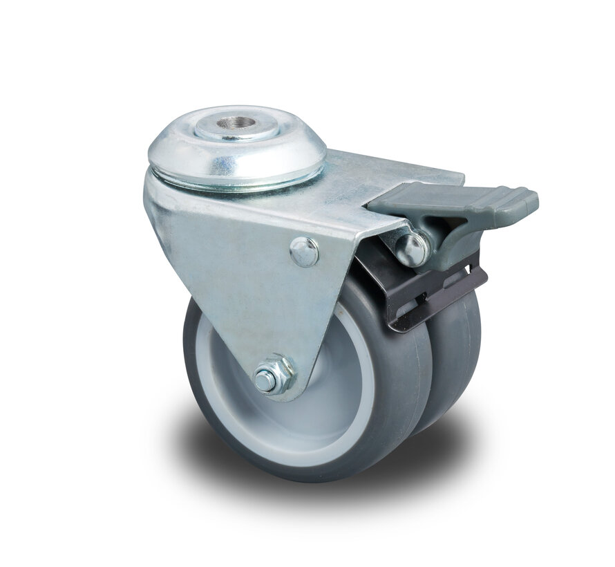 Institutional Swivel Castor with Brake, Ø50x19mm Grey Thermoplastic Rubber (TPR), Dual Polypropylene Wheels, Plain Bearing, Pressed Steel Housing with Total Lock – 80kg Load Capacity