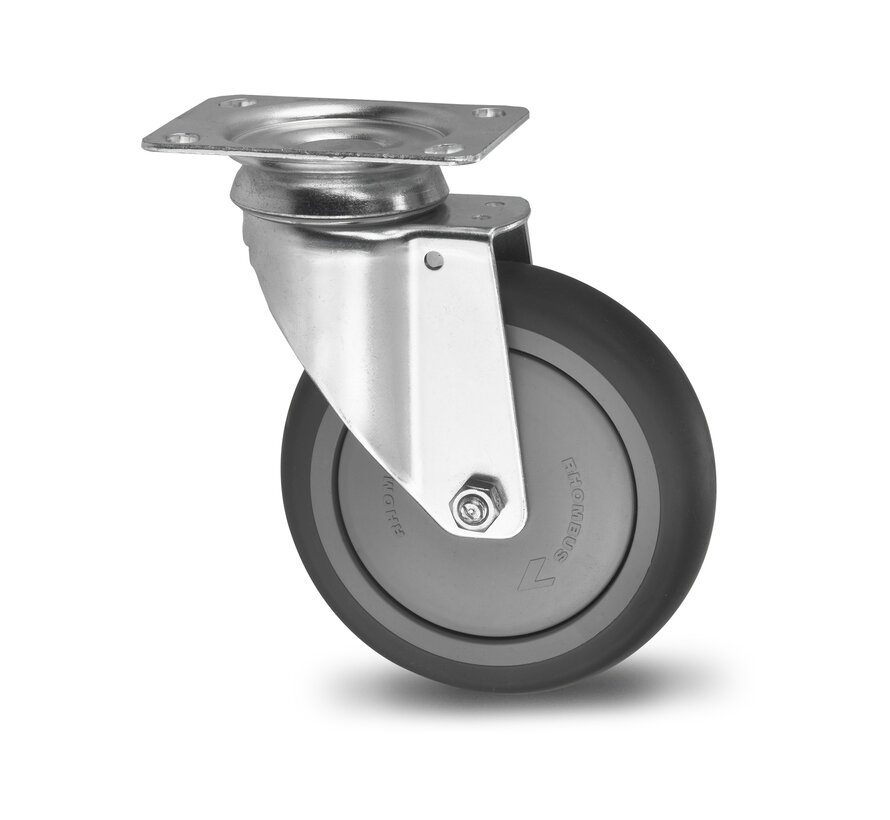 Institutional Swivel caster from pressed steel, plate fitting, thermoplastic rubber grey non-marking, precision ball bearing, Wheel-Ø 80mm, 100KG