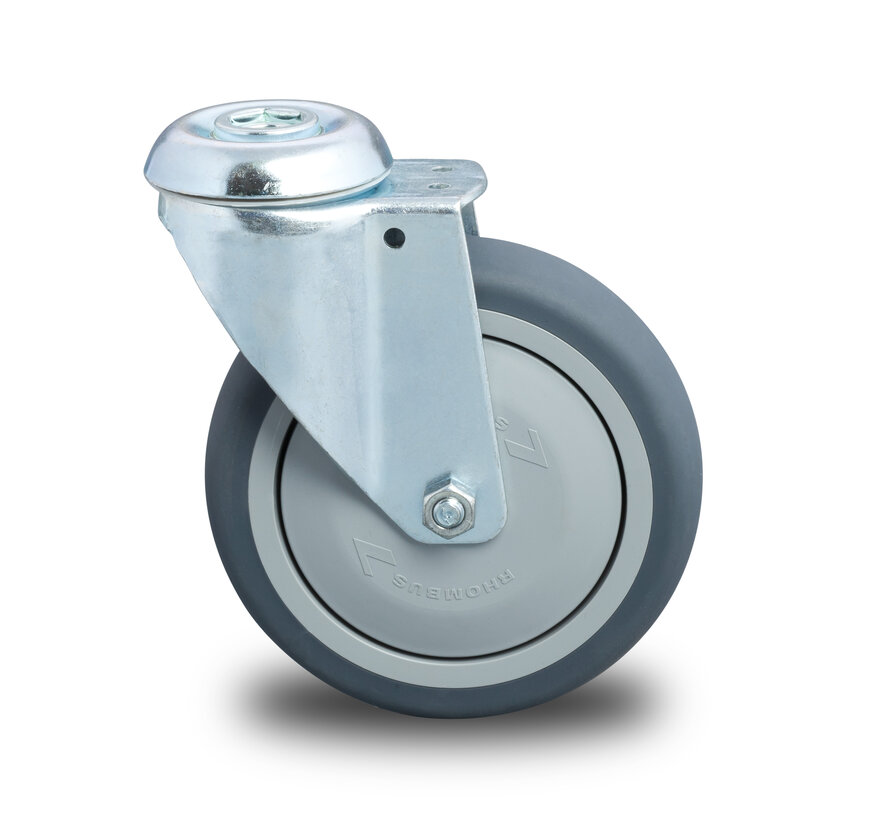 Institutional Swivel caster from pressed steel, bolt hole, thermoplastic rubber grey non-marking, precision ball bearing, Wheel-Ø 100mm, 100KG