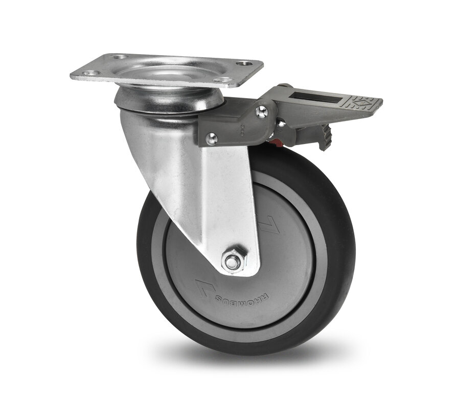 Institutional Swivel caster with brake from pressed steel, plate fitting, thermoplastic rubber grey non-marking, precision ball bearing, Wheel-Ø 80mm, 100KG