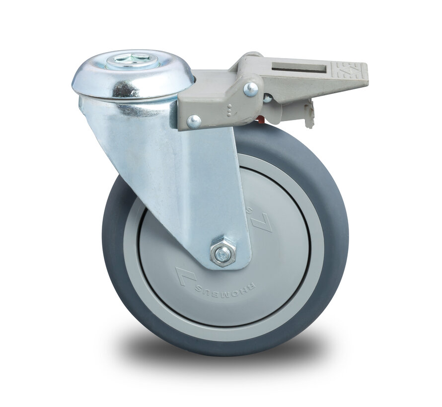 Institutional Swivel caster with brake from pressed steel, bolt hole, thermoplastic rubber grey non-marking, precision ball bearing, Wheel-Ø 125mm, 100KG