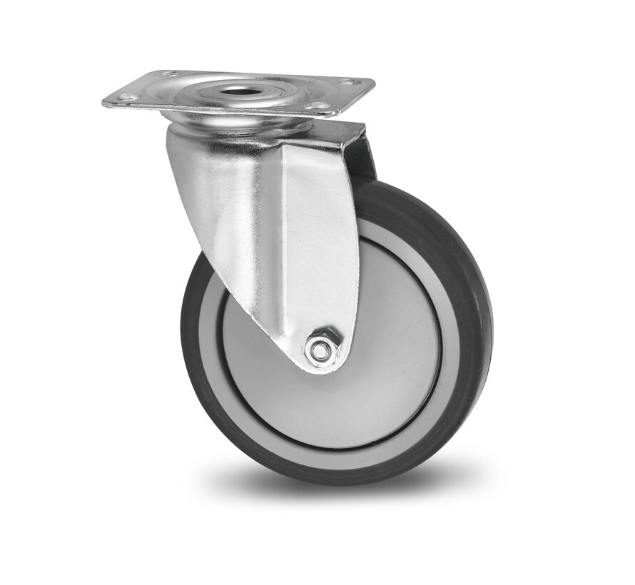 Institutional swivel castor, plate fitting, solid rubber grey non-marking, precision ball bearing, Wheel-Ø 125mm, 100KG