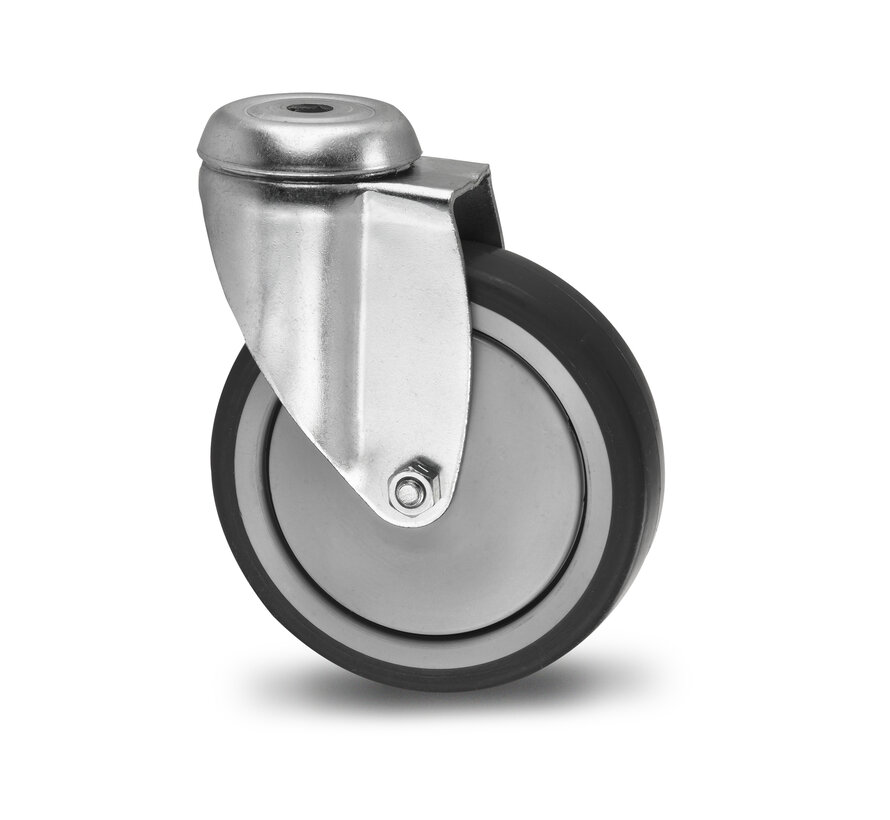 Institutional Swivel caster from pressed steel, bolt hole, thermoplastic rubber grey non-marking, precision ball bearing, Wheel-Ø 100mm, 100KG