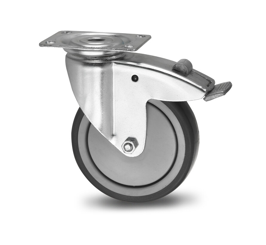 Institutional Swivel caster with brake from pressed steel, plate fitting, thermoplastic rubber grey non-marking, precision ball bearing, Wheel-Ø 100mm, 100KG