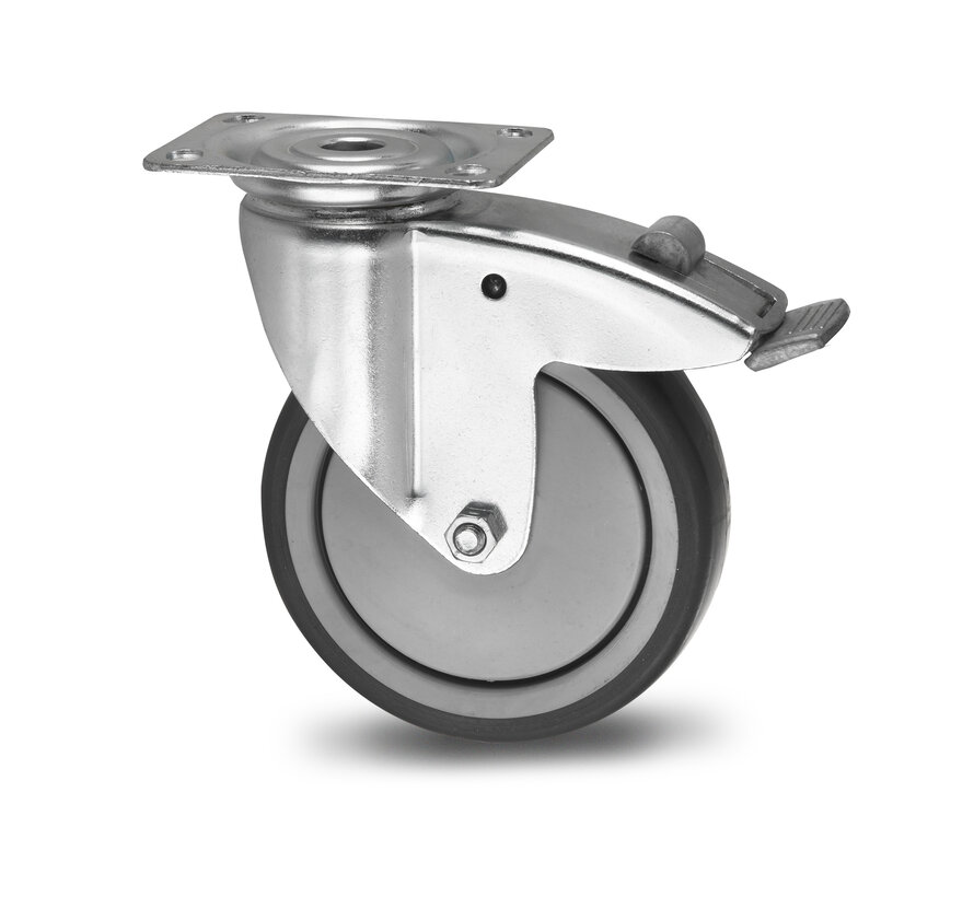 Institutional Swivel caster with brake from pressed steel, plate fitting, thermoplastic rubber grey non-marking, precision ball bearing, Wheel-Ø 125mm, 100KG