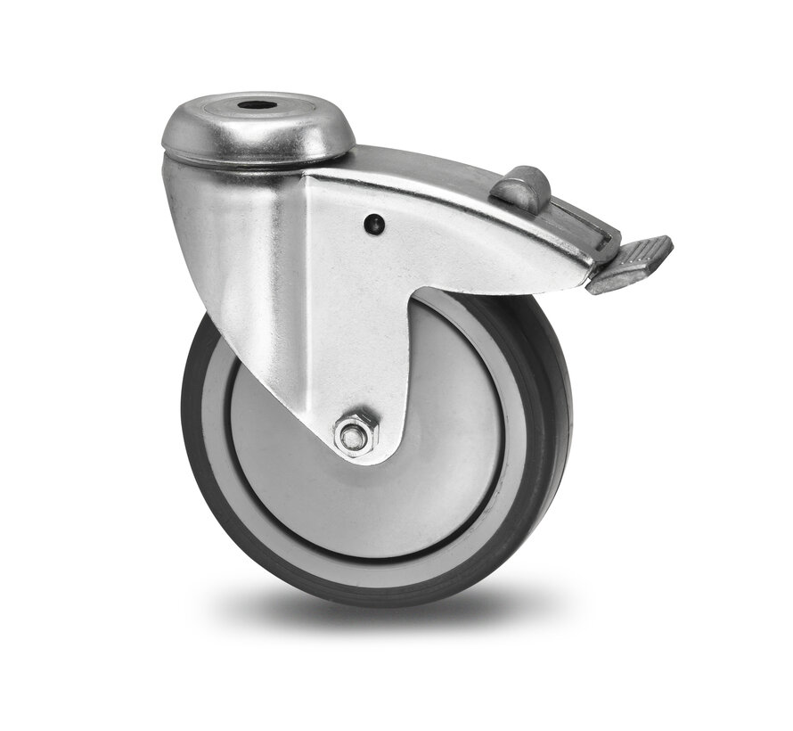Institutional Swivel caster with brake from pressed steel, bolt hole, thermoplastic rubber grey non-marking, precision ball bearing, Wheel-Ø 100mm, 100KG