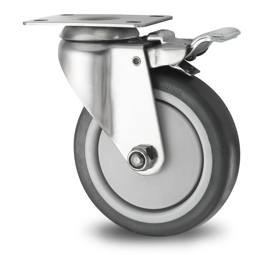 Stainless Steel Industrial Swivel caster with brake from Stainless Steel Pressed, plate fitting, thermoplastic rubber grey non-marking, precision ball bearing, Wheel-Ø 125mm, 100KG