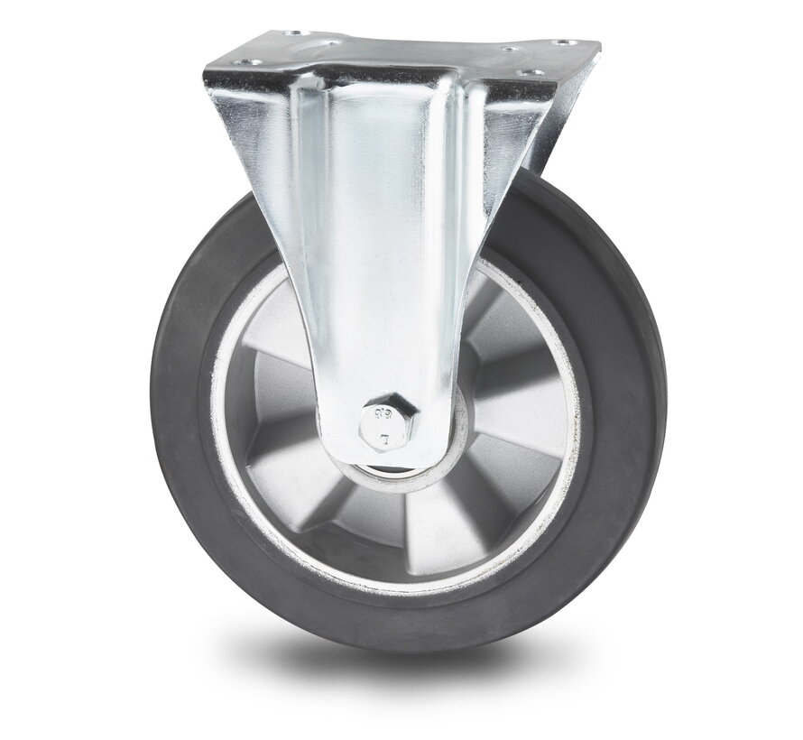 Industrial Fixed Castor, Ø160x50mm Elastic Rubber Tyre, Precision Ball Bearing, Plate Hole Centres 105x80mm, Overall Height 190mm – 300kg Load Capacity