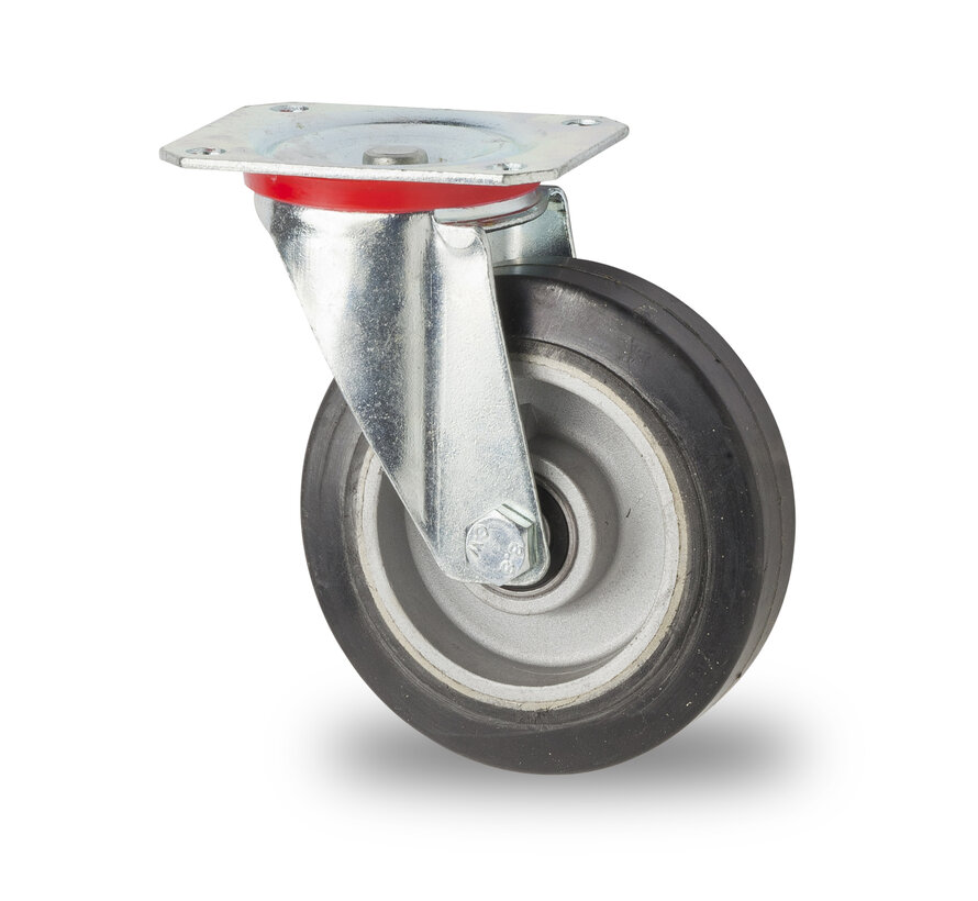 Industrieel zwenkwiel van geperst staal, plaatbevestiging, elastische band, precisiekogellager, wiel-Ø 125mm, 200KG