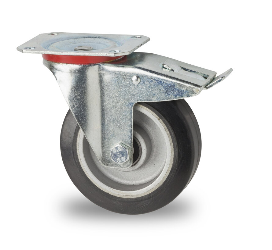 Industrial Swivel caster with brake from pressed steel, plate fitting, elastic-tyre, precision ball bearing, Wheel-Ø 125mm, 200KG