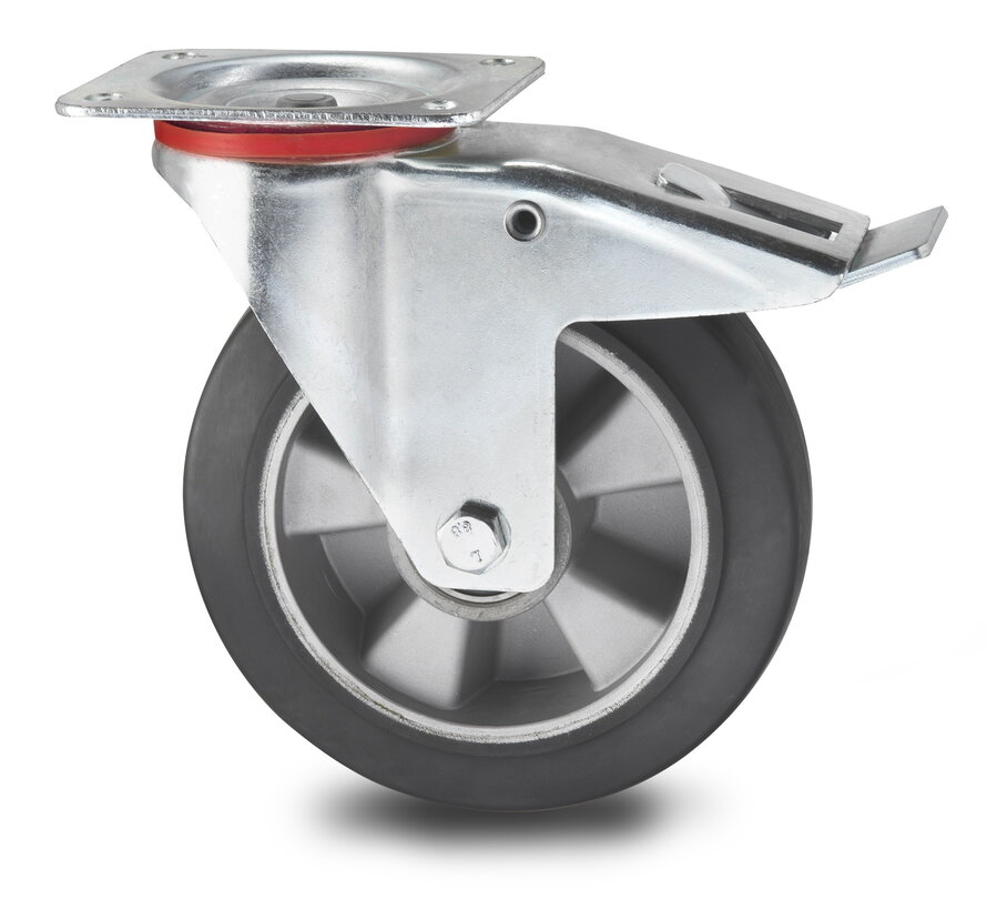 Industrial Swivel caster with brake from pressed steel, plate fitting, elastic-tyre, precision ball bearing, Wheel-Ø 160mm, 300KG