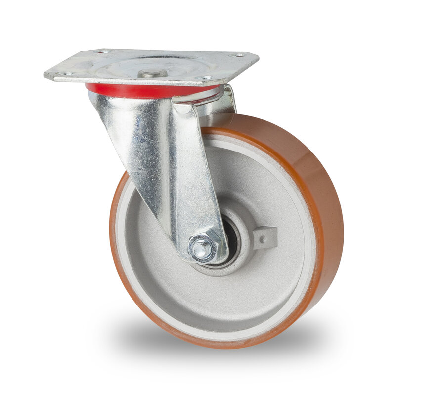 Industrieel zwenkwiel van geperst staal, plaatbevestiging, loopvlak van gevulkaniseerd polyurethaan, precisiekogellager, wiel-Ø 125 mm, 200 kg