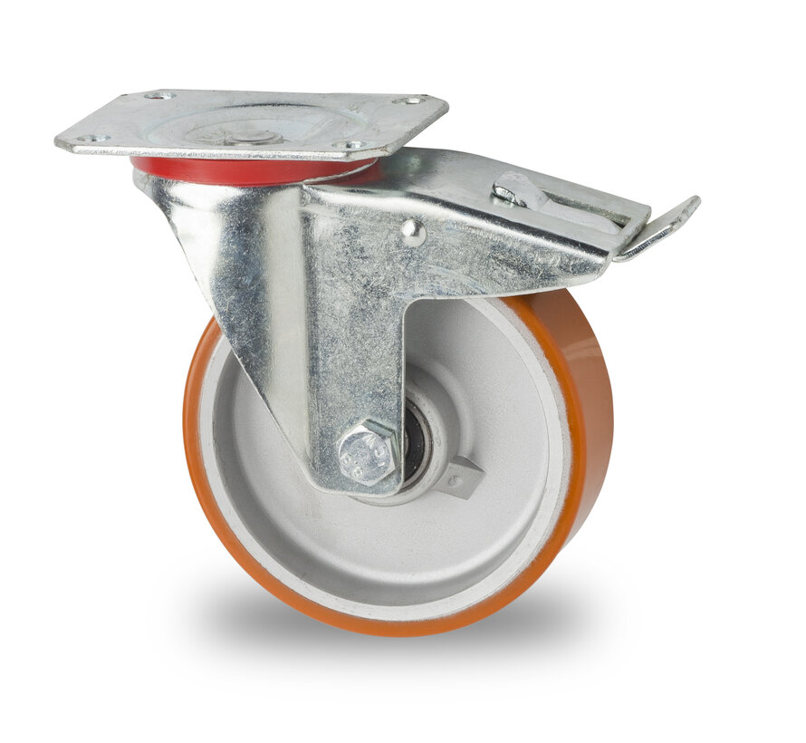 Industrieel zwenkwiel met rem van geperst staal, plaatbevestiging, loopvlak van gevulkaniseerd polyurethaan, precisiekogellager, wiel-Ø 125 mm, 200 kg