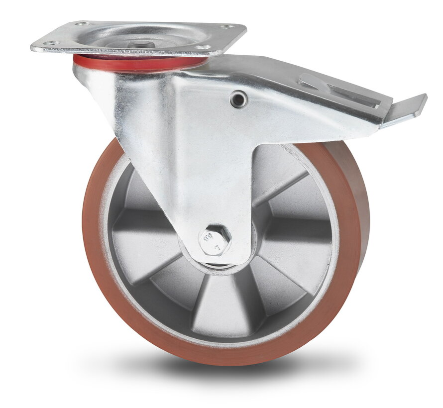 Industrial Swivel caster with brake from pressed steel, plate fitting, Vulcanized Polyurethane tread, precision ball bearing, Wheel-Ø 160mm, 300KG
