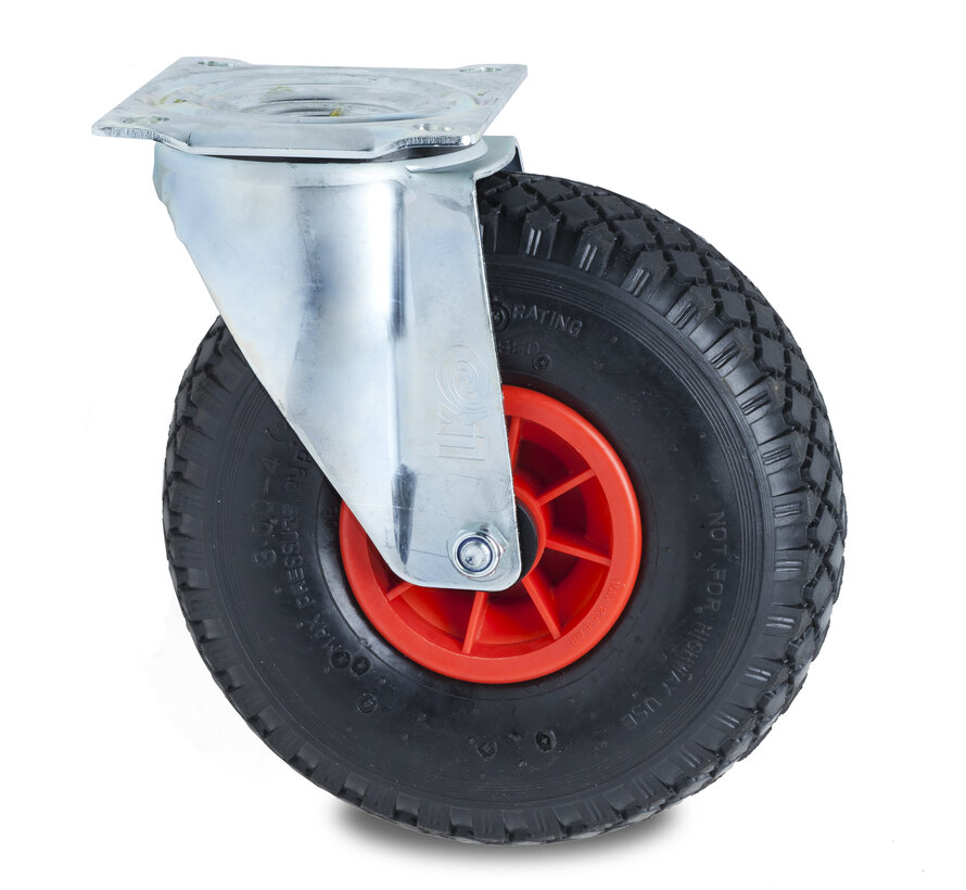Industrial Swivel caster from pressed steel, plate fitting, pneumatic tyre block profile, plain bearing, Wheel-Ø 260mm, 150KG