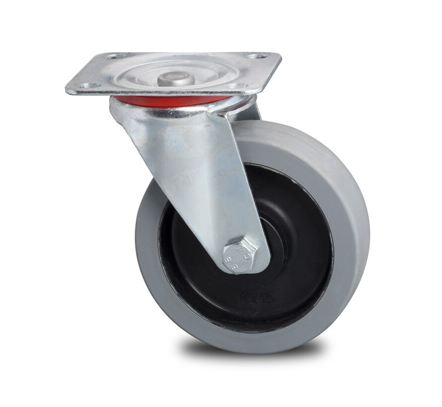 Industrial Swivel caster from pressed steel, plate fitting, elastic-tyre, 2-RS precision ball bearings, Wheel-Ø 125mm, 200KG