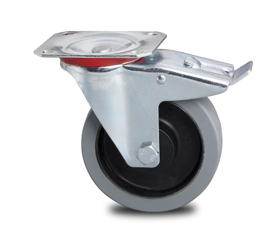Industrial Swivel caster with brake from pressed steel, plate fitting, elastic-tyre, 2-RS precision ball bearings, Wheel-Ø 100mm, 150KG
