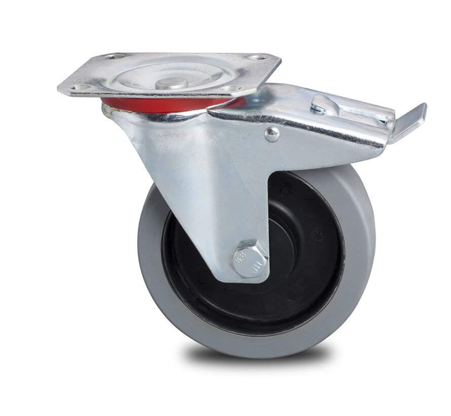 Industrial Swivel caster with brake from pressed steel, plate fitting, elastic-tyre, 2-RS precision ball bearings, Wheel-Ø 100mm, 180KG