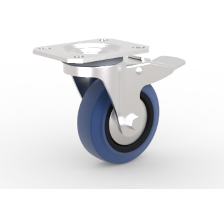 Industrial Swivel caster with brake from pressed steel, plate fitting, elastic-tyre, roller bearing, Wheel-Ø 100mm, 150KG