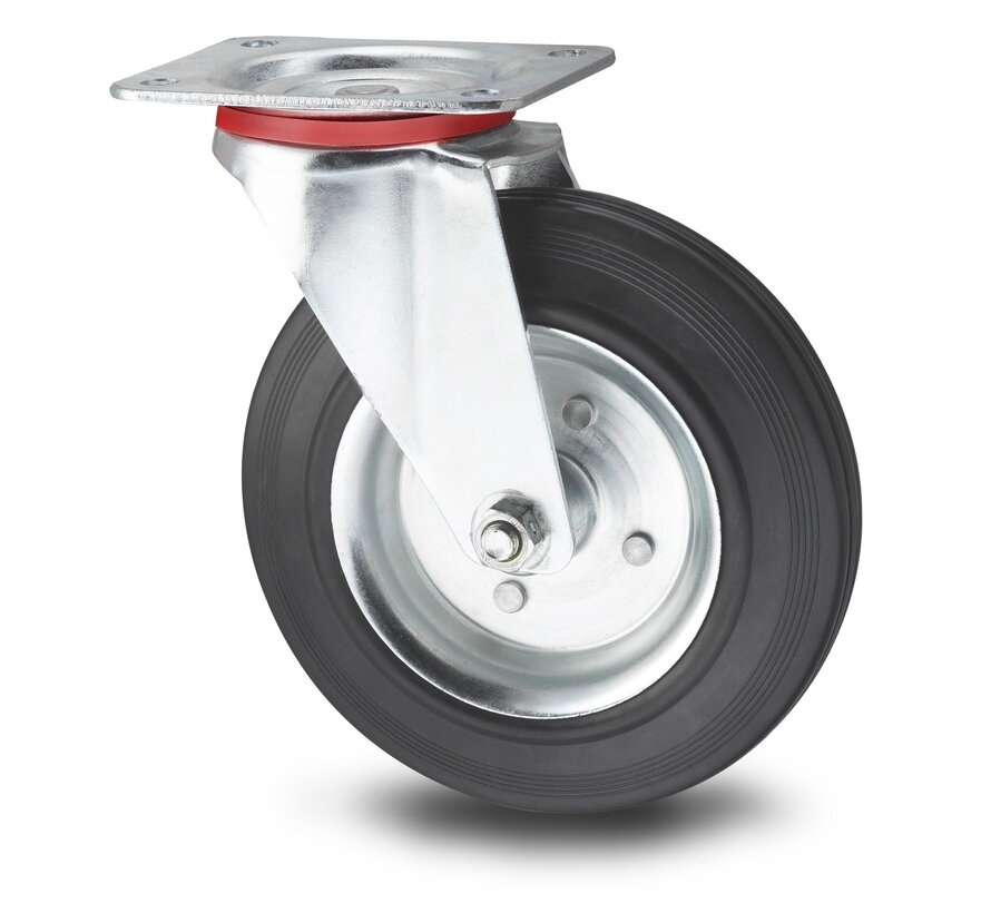 Industrial Swivel caster from pressed steel, plate fitting, rubber, black, roller bearing, Wheel-Ø 80mm, 65KG