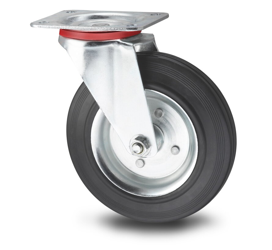 Industrial Swivel caster from pressed steel, plate fitting, rubber, black, roller bearing, Wheel-Ø 200mm, 200KG