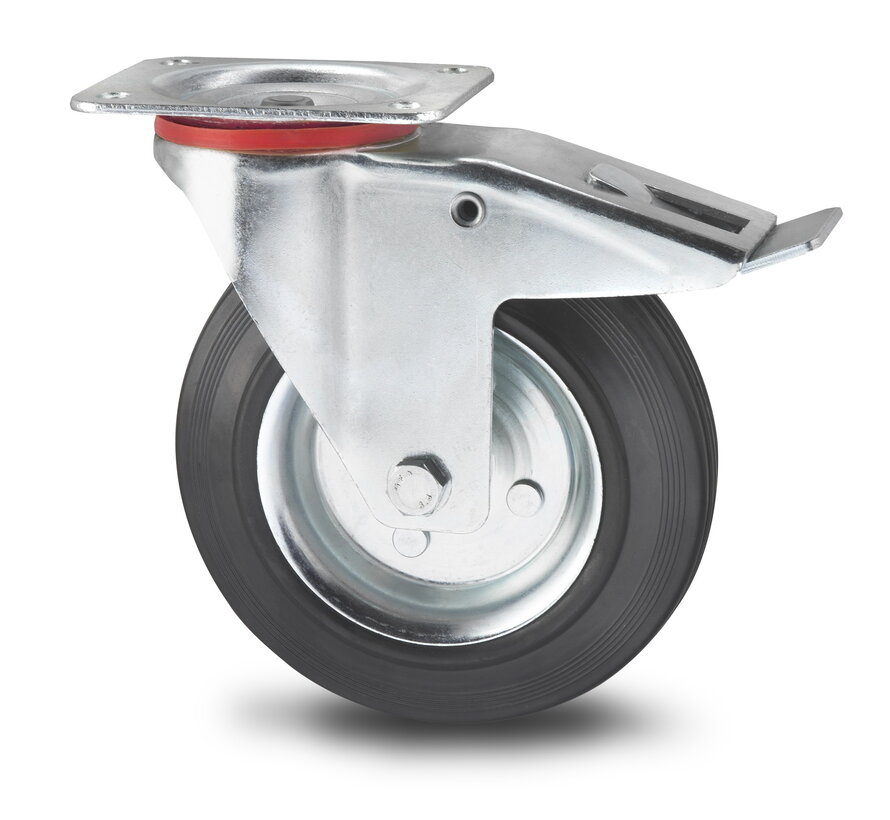 Industrial Swivel caster with brake from pressed steel, plate fitting, rubber, black, roller bearing, Wheel-Ø 80mm, 65KG